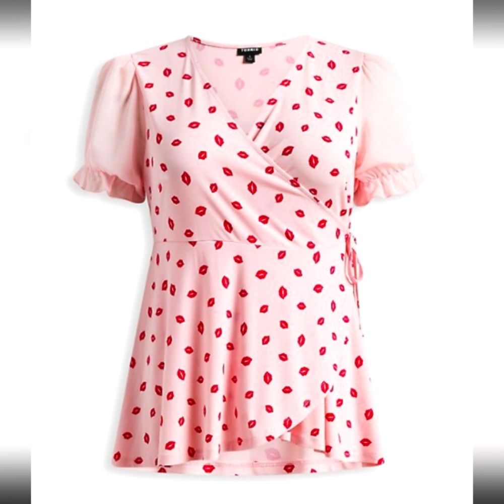 NEW 2X(18/20) Torrid Pink Kisses Studio Knit Puff Sleeve Surplice Peplum Top NWT